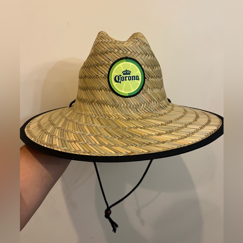 Corona Straw Sun Hat with Black Trim & drawstring. Embroidered Lime detail front